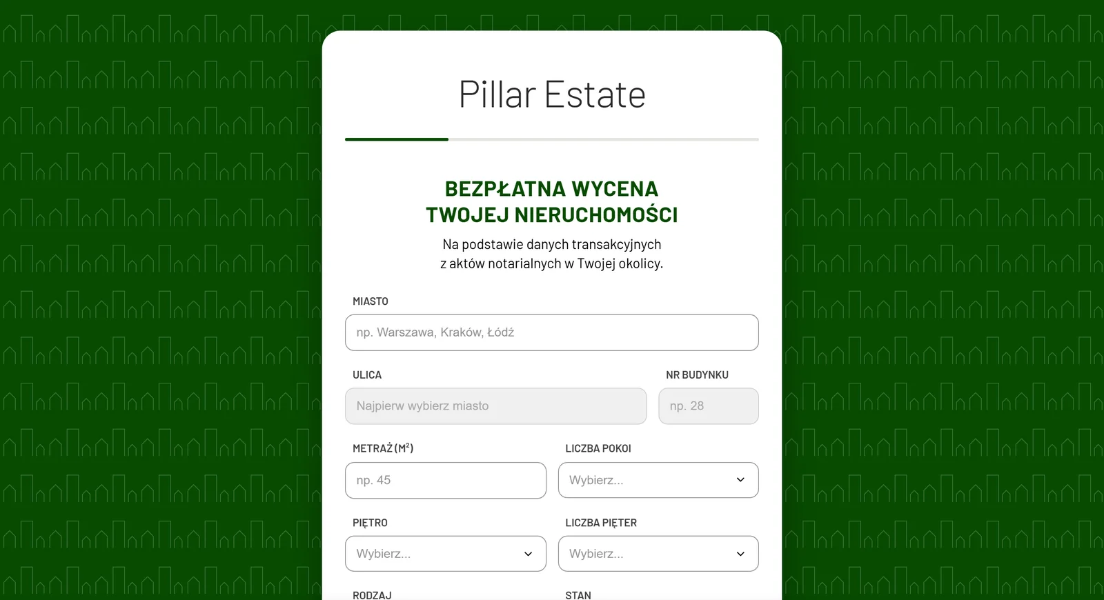 Strona wyceny biura Pillar Estate pod własną domeną